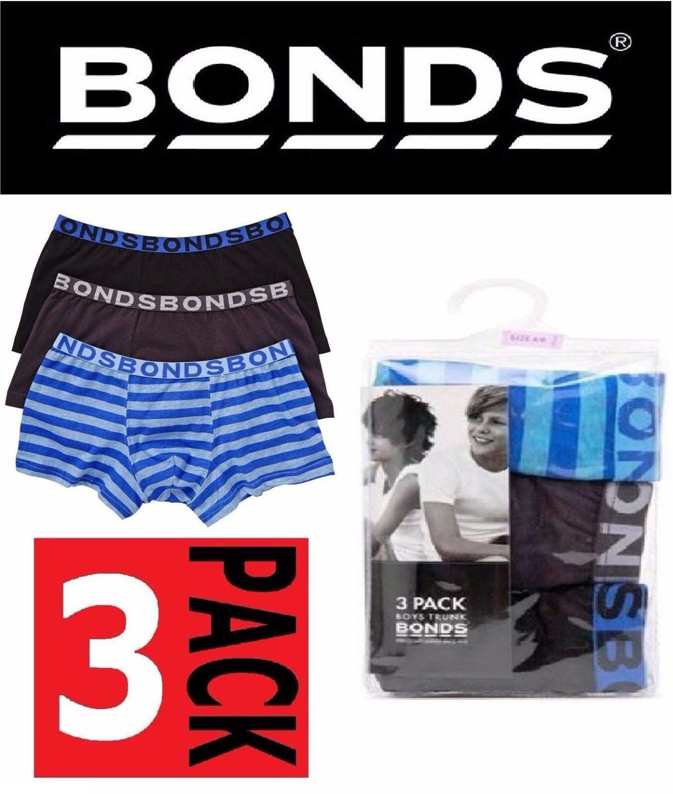 BONDS BOYS KIDS 3 PACK UNDERWEAR TRUNKS TRUNK BOYLEG BOXER SHORTS SIZE 2 - 16