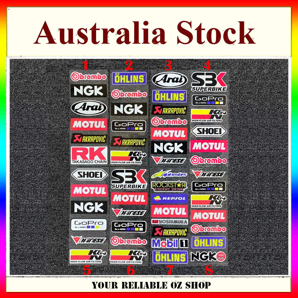Logo Badge Sticker Brembo NGK MOTUL AKRAPOVIC RK SHOEI GOPRO DAINESE YOSHIMURA