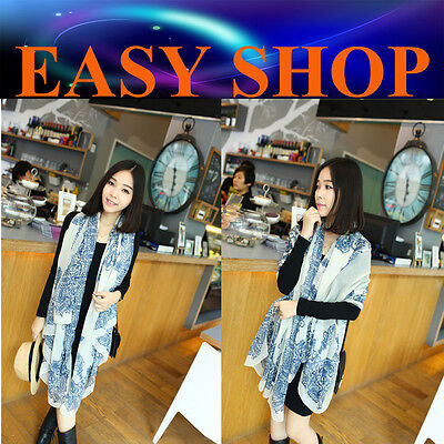 Lady Women Blue Totem Stole Print Thin Scarf Cape Shawl Bohemian Winter Spring