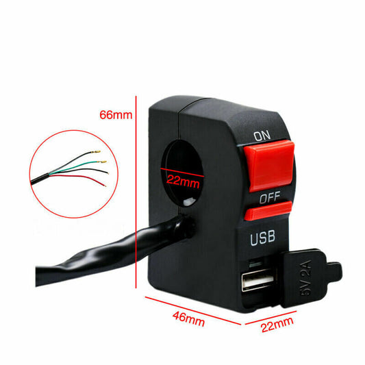 22MM Motorcycle Handlebar Switch ON OFF Headlight W/ USB ATV Dirt Thumpstar Bike