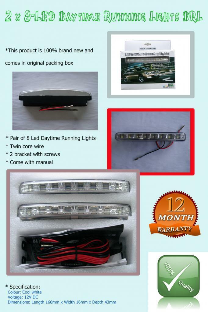 Pair 12 Volt 8 LED Daytime Running Driving Light DRL Fog Lamp Kit Car Ute Truck