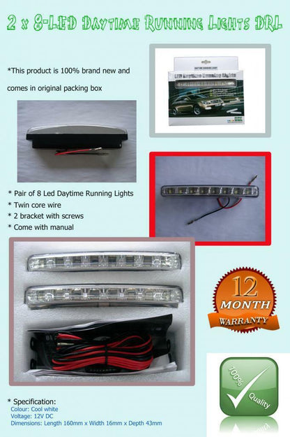 Pair 12 Volt 8 LED Daytime Running Driving Light DRL Fog Lamp Kit Car Ute Truck