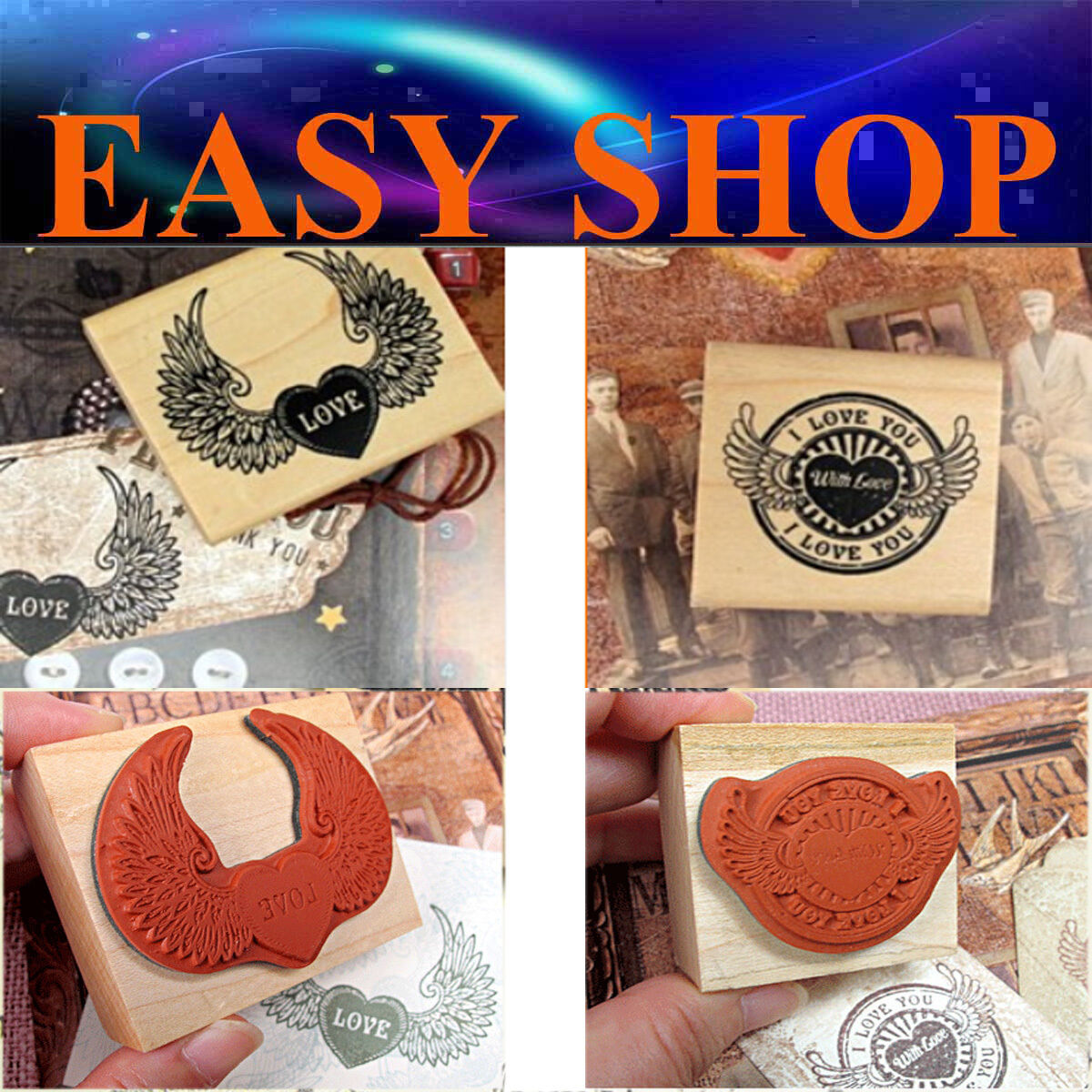 2 Pcs DIY Wing Love + Love Wooden Timber Wood Rubber Stamp Wedding Vintage Heart
