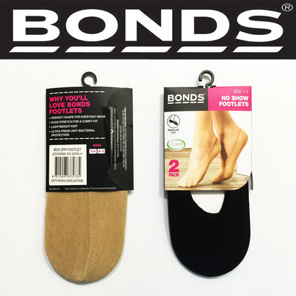 Bonds Womens 2 Pack No Show Footlets Stockings Socks Shoe Black Suntan 3-8 8-11