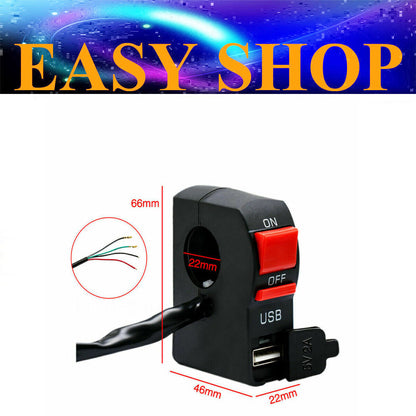 22MM Motorcycle Handlebar Switch ON OFF Headlight W/ USB ATV Dirt Thumpstar Bike
