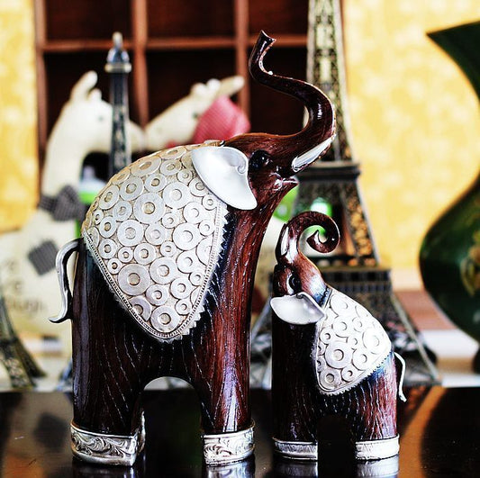 Pair Resin Vintage Lucky Elephant Figurine Ornament Gift Decoration Home