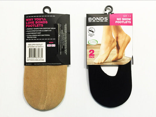 Bonds Womens 2 Pack No Show Footlets Stockings Socks Shoe Black Suntan 3-8 8-11
