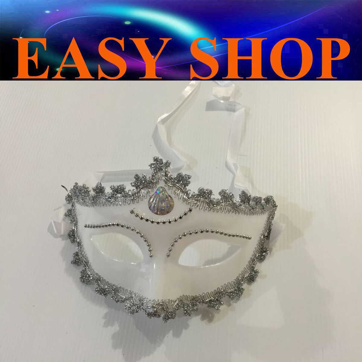 Women White Mask Silver Trim Costume Masquerade Cosplay Party Venetian Ball Eye