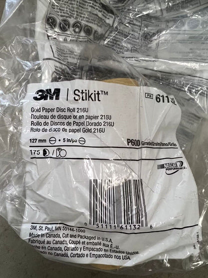 Sandpaper Disc Roll 3M 216U Stikit Dust Free 5" P600 Grit "1 Roll of 175 Discs"
