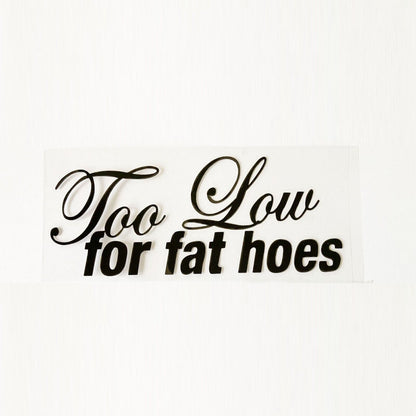 Too low for fat hoes Funny JDM Sticker Decal Car Drift Turbo Fast Vinyl WINDOW