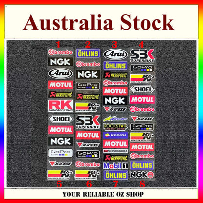 Logo Badge Sticker Brembo NGK MOTUL AKRAPOVIC RK SHOEI GOPRO DAINESE YOSHIMURA