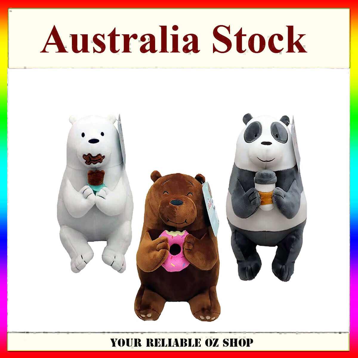 Brand New Licensed We Bare Bears Panda Ice Bear Grizzly Plush Soft Toy 25cm
