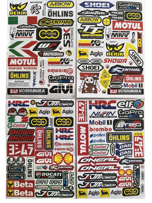 4 Pcs A4 Stickers Decal SHOEI REGINA ISLE OF MAN AGIP SHOWA MOBIL JDM Drift Logo