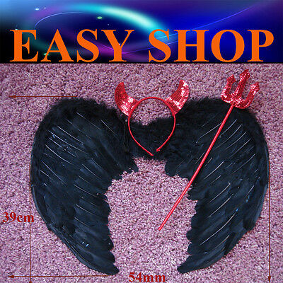 53X39cm Black Feather Wings Halo Magic Wand Fairy Angel Dress Up Party Halloween