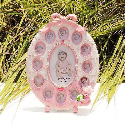 Resin Photo Frame Cute Infant New Born Baby Girl Pink Deco Gift Bear Statue Kids